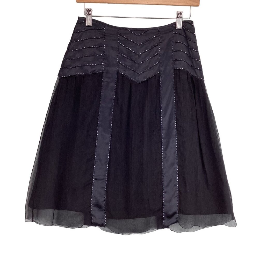 Saja Womens Black Silk Skirt With Chevron Beading Size 2 A-Line Lined